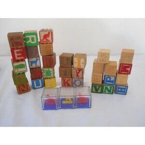 35 Vintage Ridged Wood Building Blocks Lot Letter Numbers Pictures Plastic
